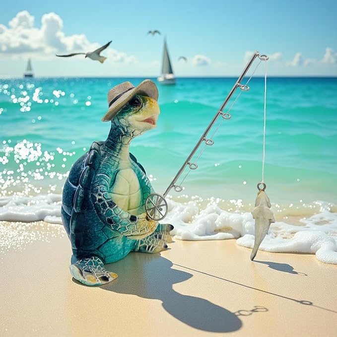 Turtle Fishing Decor, Summer Garden Statues, Nautical Coastal Beach Decorations, Home Office Decor Gifts, Bookshelf Desk Bathroom Tabletop Statue Ornament (Turtle Fishing)-Ruum Studio Home
