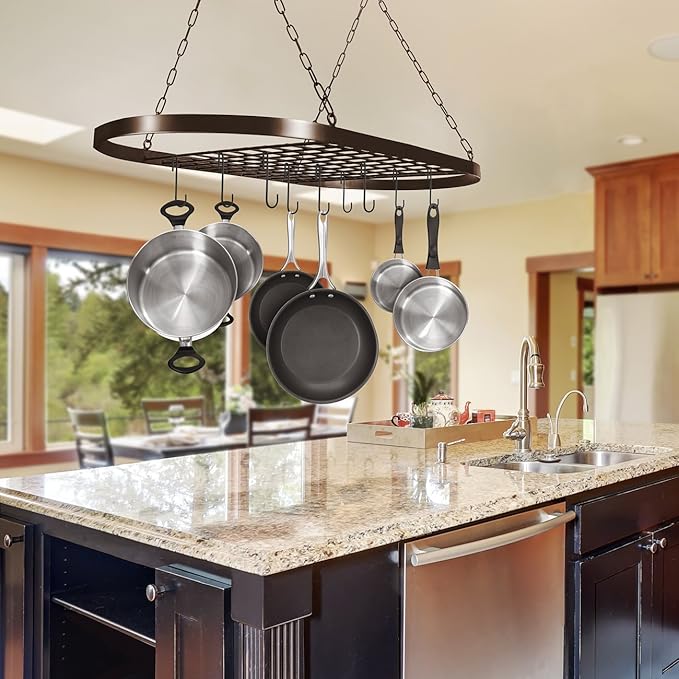 Sorbus Pot and Pan Rack for Ceiling 31" with 10 S Hooks — Decorative Oval Mounted Storage Rack — Multi-Purpose Organizer Great for Home, Restaurant, Kitchen Cookware, Utensils, Books, (Bronze)-Ruum Studio Home