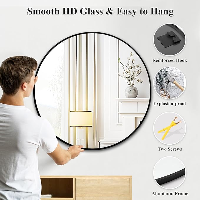 Fabuday Large Black Circle Mirror 36 Inch - Big Wall Round Mirror for Bathroom, Living Room, Bedroom, Hallyway, Matte Frame Metal Mirrors-Ruum Studio Home