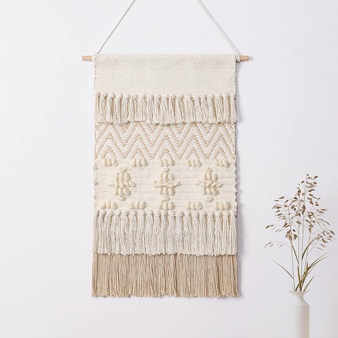 Dremisland Macrame Woven Wall Hanging Home Decor Bohemian Beige Geometric Wave Art Decor with Wool Ball and Tassle-Elegant Apartment Bedroom Dorm Room Door Decoration, 15.7" W x 22" L (Beige Wool Ball)-Ruum Studio Home