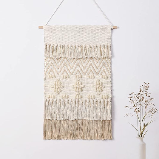 Dremisland Macrame Woven Wall Hanging Home Decor Bohemian Beige Geometric Wave Art Decor with Wool Ball and Tassle-Elegant Apartment Bedroom Dorm Room Door Decoration, 15.7" W x 22" L (Beige Wool Ball)-Ruum Studio Home