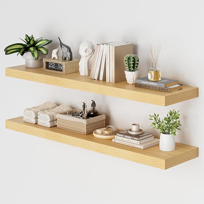 Heimlove 48W x 12D Long Floating Shelf, 12 Inch Deep Floating Shelves for Wall Set of 2, Wood Shelves for Bedroom Living Room Bathroom Kitchen Home Office, Wall Shelves with Heavy Duty Bracket, Oak-Ruum Studio Home