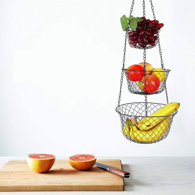 malmo 3-Tier Wire Fruit Hanging Basket, Vegetable Kitchen Storage Basket, Iron Wire Black (Basket2024)-Ruum Studio Home