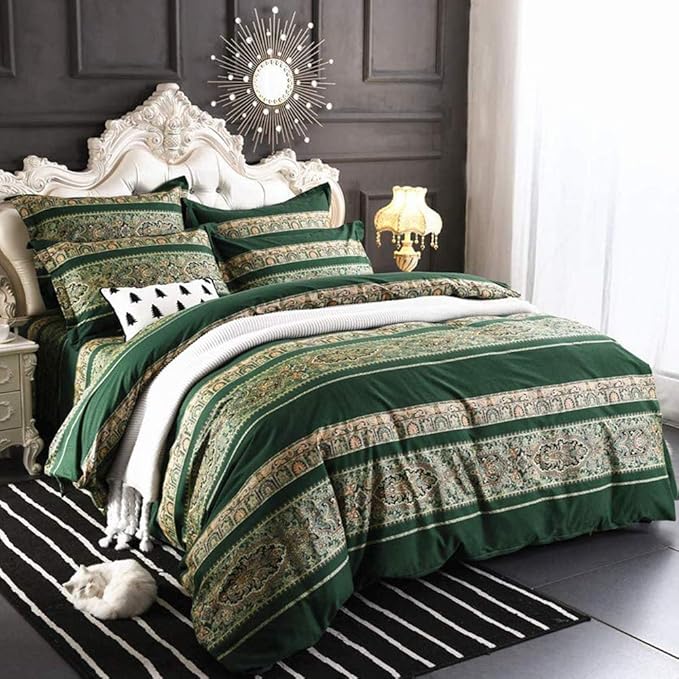 ABREEZE Bohemian Vintage Queen Size Floral Cotton Bedding Set 3Pcs Duvet Cover Set Boho Green Paisley 100% Egyptian Brushed Cotton Reversible Home Bedding Collection-Ruum Studio Home