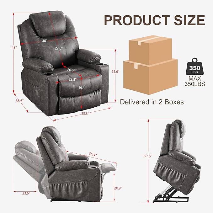 SALOHZA Power Lift Recliner Chair for Elderly with Massage and Heat for Living Room, Electric Recliner Chair for Adults with USB/Type C Port/Cup Holders, PU Faux Leather, Grey-Ruum Studio Home