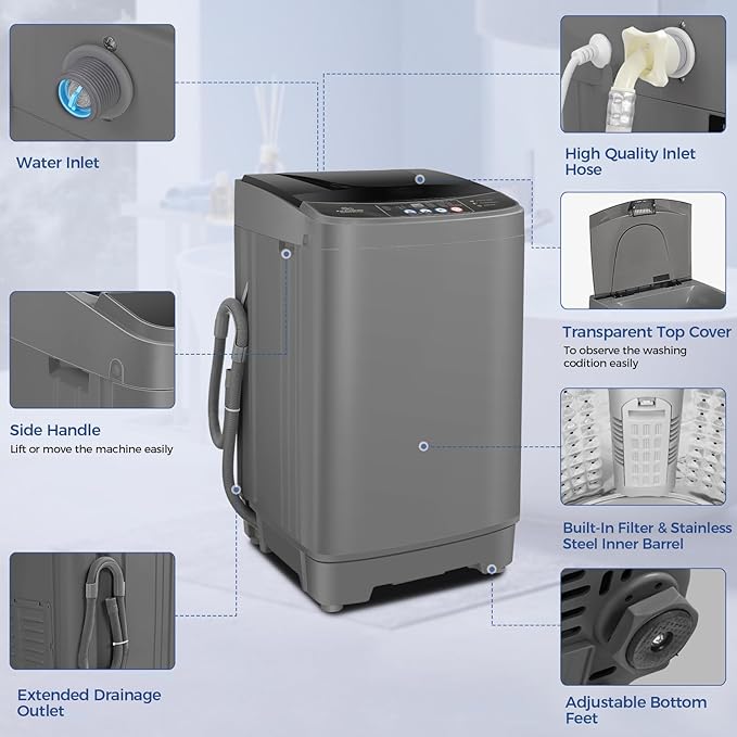 Nictemaw Portable Washing Machine 20Lbs Portable Washer Machine with Drain Pump, 2.8 Cu.ft Compact Washing Machine with 10 Programs 8 Water Levels Laundry Machine for Apartment, Home, Dorms, Rv-Ruum Studio Home