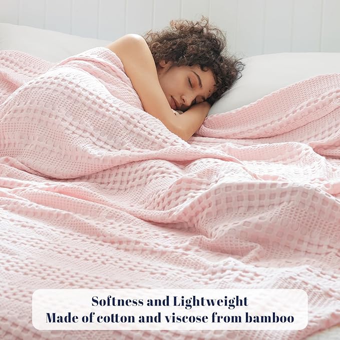 PHF Cooling Waffle Blanket King Size, Lightweight 60% Rayon Derived from Bamboo & 40% Cotton Breathable Blanket for Hot Sleepers, Soft and Luxury for Bed Couch and Sofa, 104"x90", Pink-Ruum Studio Home