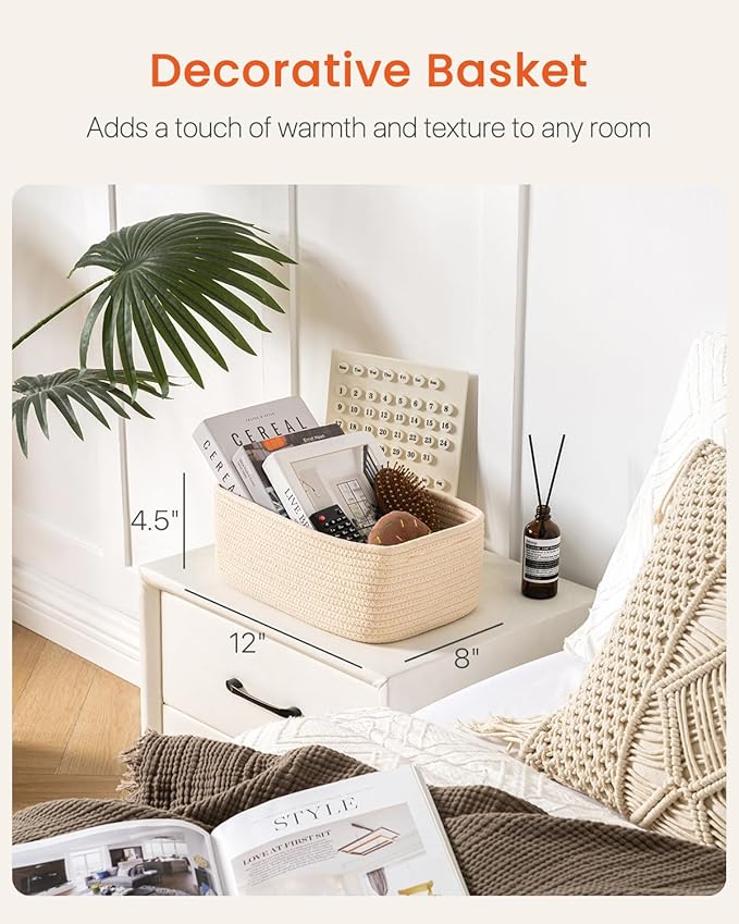 KALLAX Small Woven Basket, 12 x 8 x 4.5 Inches, Storage Basket for Organizing, Cute Small Rope Shelf Closet Cube Storage Bins Baskets for Shelves, Dog Toy Gift Baskets Empty, 3 Packs, Beige-Ruum Studio Home