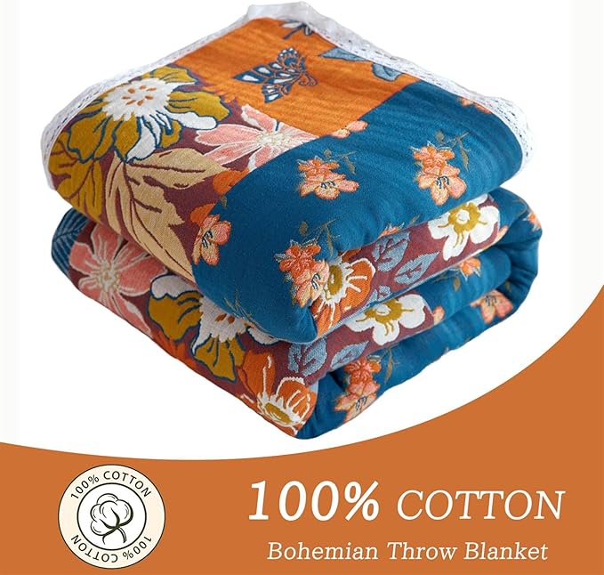 Throw Blanket for Couch Bed, 100% Cotton Muslin 60''x80'' Travel Bed Blankets Mexican Boho Quilt Flowers Blanket Lightweight Blanket Soft Warm Throws Gifts for Women Mom-Ruum Studio Home