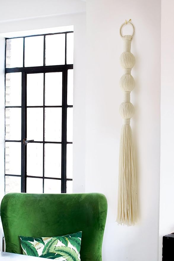 Macrame Wall Hanging Small Sphericity Cotton Textile Tassel Wall Hanging Fiber Yarn Art for Living Room Bedroom 27'' L x 2.3'' W-Ruum Studio Home