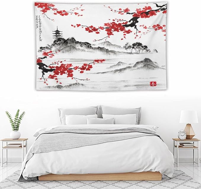 Cherry Blossoms Tapestry, Japanese Fuji Mountain Tapestry, Asian Japanese Wall Tapestry, Nature Landscape Tapestries for Bedroom Living Room Decor 90"x60"-Ruum Studio Home