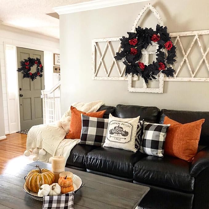 Artificial Black Garland Hanging Vine Artificial Floral Vines Fall Garland Hanging Flower Fake Rose Vines for Black and Burgundy Wedding Decor Halloween Indoor Outdoor Party Wall (Red Rose)-Ruum Studio Home