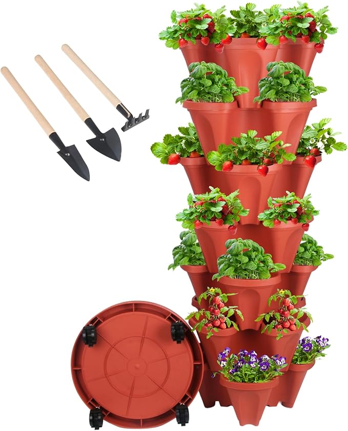 Vertical Planter 7 Tier Stackable Planters Garden Planters Strawberry Herb Flower and Vegetable Planter Indoor Outdoor Gardening Pots with Removable Wheels and Tools-Ruum Studio Home