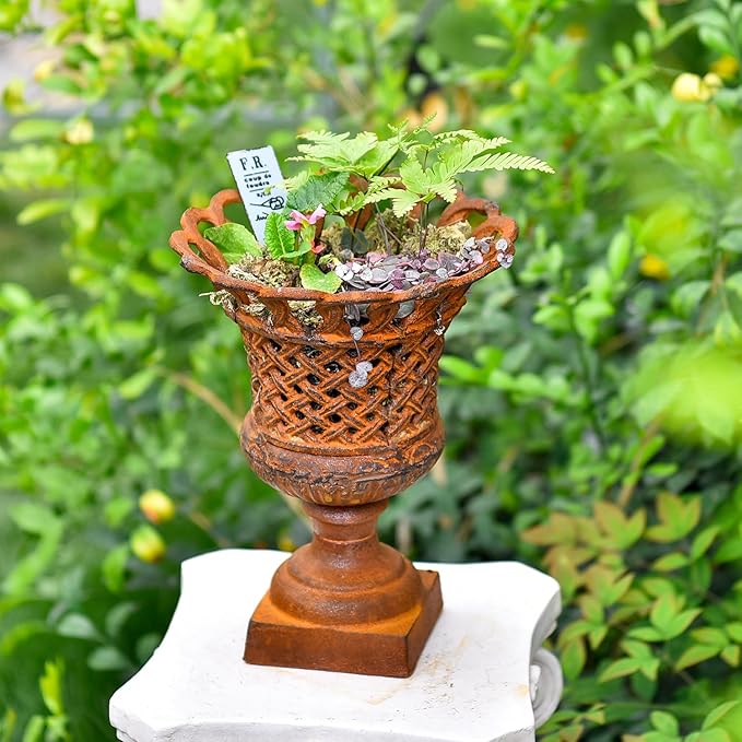 Sungmor Heavy Duty Cast Iron Urn Planter, Beautiful Hollow Trophy Design Tall Orchid Flower Pot, Large Decorative Plastic Flowers Plants Bouquets Vase, Rustic French Country Pot for Home or Garden-Ruum Studio Home