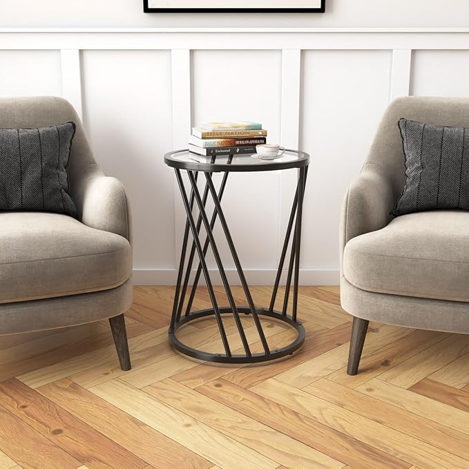 Round Side Table, Modern End Tables for Living Room Office Small Spaces, Glass Black End Table with Metal Frames, Nightstand for Bedroom, Bedside Furniture, Easy Assembly-Ruum Studio Home
