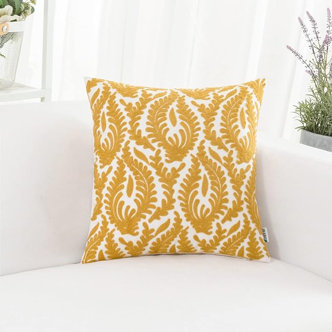 HWY 50 Mustard Yellow Decorative Throw Pillow Covers 18x18 Inch, Pack of 2 Embroidered Cotton Farmhouse Cushion Cover Pillow Case for Sofa Couch Living Room Bed Bedroon, Accent Branches-Ruum Studio Home