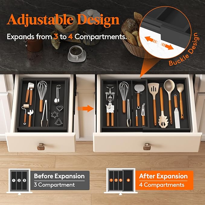 Lifewit Utensil Drawer Organizer, Expendable Cooking Silverware Tray for Kitchen Drawer, Bamboo Adjustable Cutlery Flatware Holder, Spatula Tools and Gadgets Storage Divider, 4 Compartments, Black-Ruum Studio Home