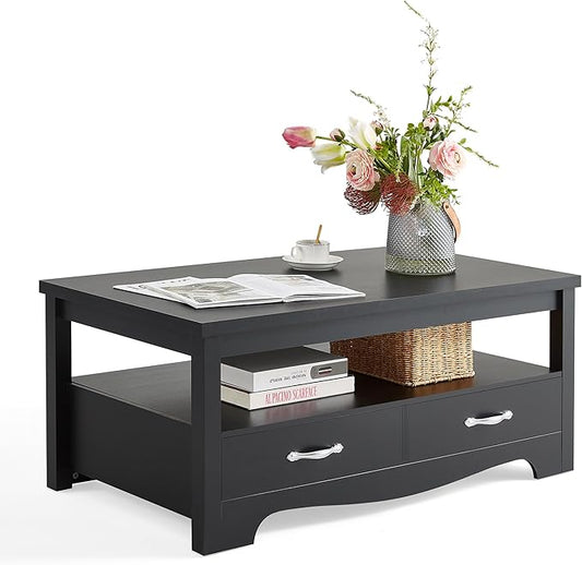 LINSY HOME Farmhouse Coffee Table with Storage, Wood Coffee Table for Living Room, Open Display Area and Storage Drawers with Metal Handles, Chic Style with Curved Base, Black-Ruum Studio Home