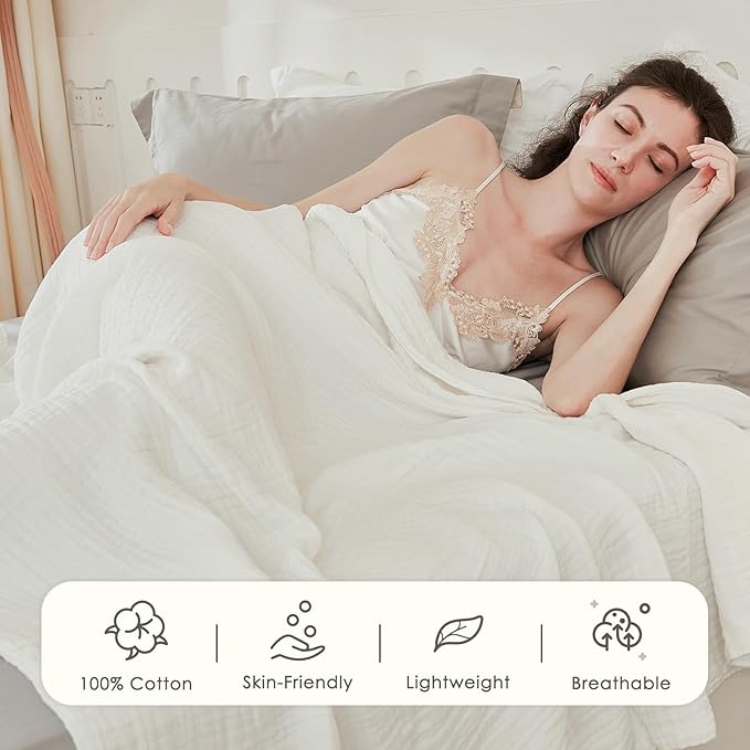 EMME Cotton Blanket Twin XL for Bed Soft Muslin Blankets 66"x90" Lightweight Breathable Layering Bedspread Coverlet All Season Gauze, White-Ruum Studio Home