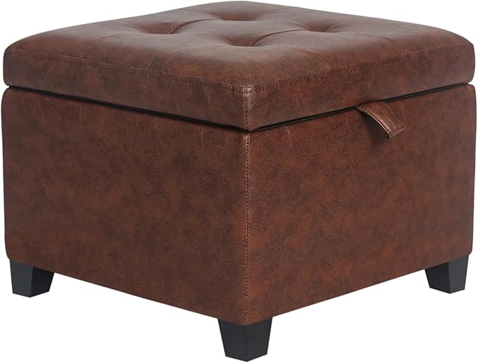 Adeco Faux Leather Storage Ottoman Bench with Wood Legs, 17.7" Square Red and Brown PU Cube Foot Stool, Upholstered Button Tufted Vanity Chair with Hinged Lid for Living Room, Bedroom, Dorm-Ruum Studio Home