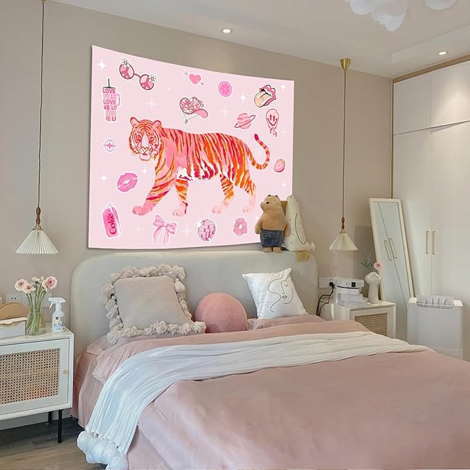 Lunerfex Y2K Tapestry Pink Tiger Wall Tapestry, Cute Tapestries for Bedroom Funny Tapestries Wall Hanging for Bedroom Living Room Decor Pink-3 44"x60"-Ruum Studio Home