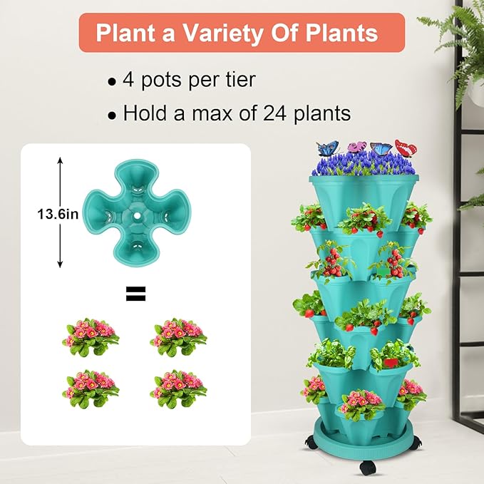 Vertical Planter, 6 Tier Stackable Strawberry Planter with Garden Tool Set, Movable Indoor/Outdoor Garden Herb Pot for Growing Vegetables and Succulents, Teal-Ruum Studio Home