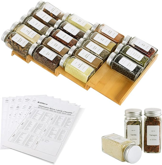 Spice Drawer Organizer with 18 Spice Jars,216 Labels,50 Non-slip Rubber, Bamboo 4 Tier Seasoning Rack Tray Insert for Kitchen Drawers,Cabinets,Countertop,9" Wide x 15.8" Deep-Ruum Studio Home