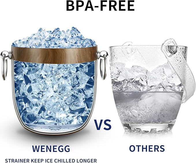 Ice Bucket with Lid, Scoop, Tongs and Strainer - Well Made Insulated Stainless Steel Keep Ice Frozen Longer - Ideal for Cocktail Bar, Parties, Chilling Wine, Champagne - 3 Liter (Teakwood)-Ruum Studio Home