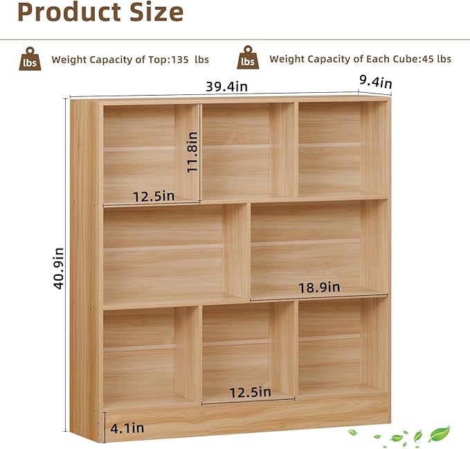 LEYAOYAO 8 Cube Bookshelf with Base,3 Tier Mid-Century Modern Natural Bookcase,Standing Wide Bookshelves Storage Organizer Shelf,Rustic Wood Display Cabinet Book Shelves for Bedroom,Living Room,Office-Ruum Studio Home