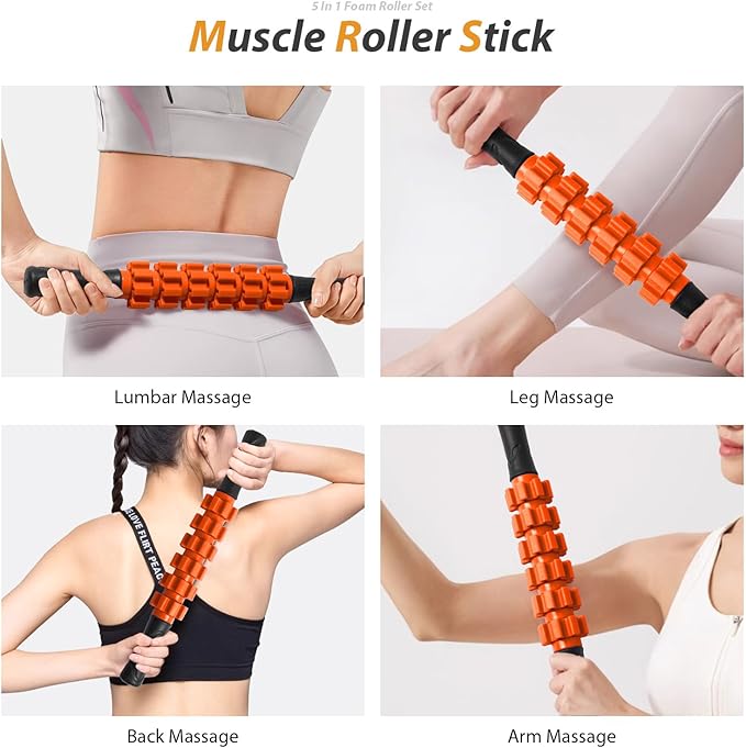 5 in 1 Foam Roller Set for Deep Tissue Muscle Massage, Trigger Point Fitness Exercise Foam Roller, Massage Roller, Massage Ball, Stretching Strap, for Whole Body (Orange-New)-Ruum Studio Home