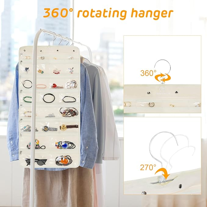 Freegrace Hanging Jewelry Organizer Revolving Hanger - Secure Zipper Closure - 25 Pockets,23 Hooks - Foldable Storage & Display Solution - For All Jewelry & Bijoux (Beige)-Ruum Studio Home