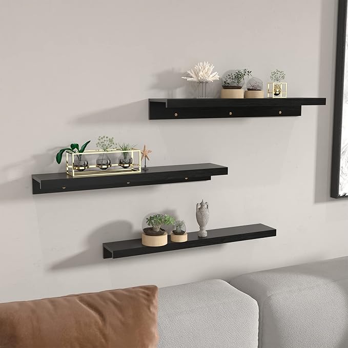 Giftgarden 36 Inch Black Floating Shelves for Wall Woodgrain Picture Ledge Large Photo Shelf for Bedroom Living Room Kitchen Bathroom Storage Shelving, Set of 3 Different Sizes-Ruum Studio Home