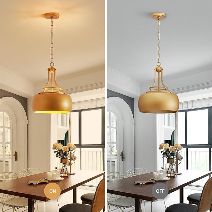 WUZUPS Chandelier Rustic Farmhouse Industrial Round Ceiling Pendant LED Light Fixture with Open Bottom Drum Shade, H 15.7" x W 13.4", Antique Gold-Ruum Studio Home