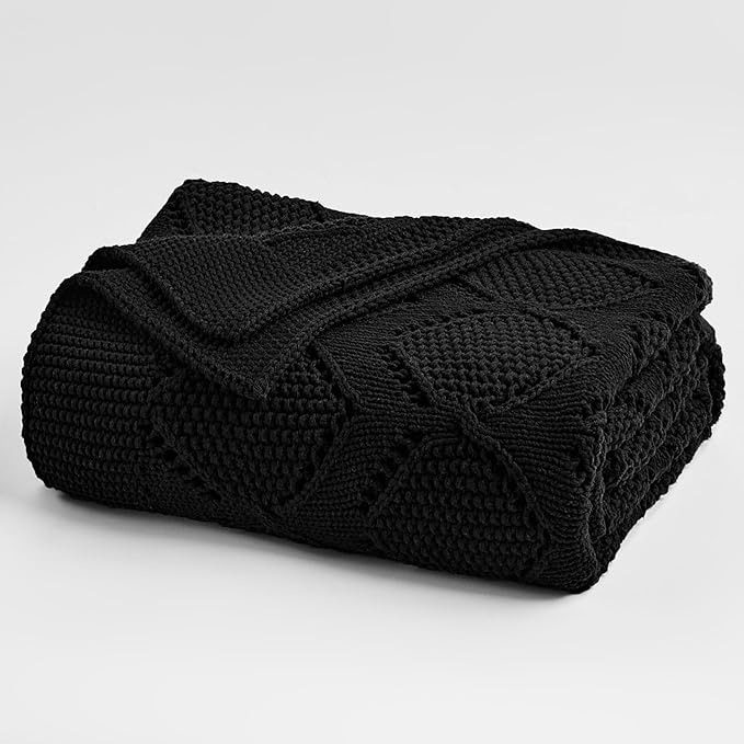 Longhui bedding Chunky Cotton Knit Throw Blanket for Couch, Sofa, Bed, or Chair, Decorative Breathable Fall Cable Knit Blanket 51 x 63 Inches, Medium Weight Black-Ruum Studio Home