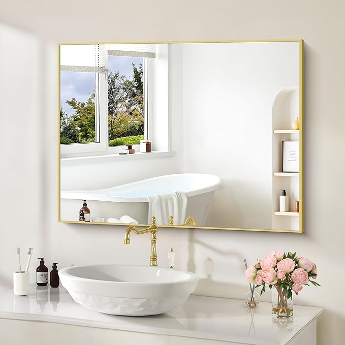 30x40In Gold Bathroom Mirror for Wall, Brushed Gold Rectangle Mirrors with Metal Frame, Bathroom Rectangular Mirror Modern Wall Mirror for Bedroom Living Room, Hangs Horizontal or Vertical-Ruum Studio Home