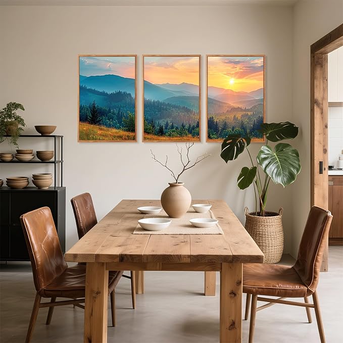 Aurlan Boho Mountain Sunset Landscape Framed Wall Art(16"x24"), 3PCS Green Blue Ridge Grand Teton National Park Canvas Artwork, Abstract Modern Watercolor Nature Forest Scenery Decor for Home Office Bedroom-Ruum Studio Home