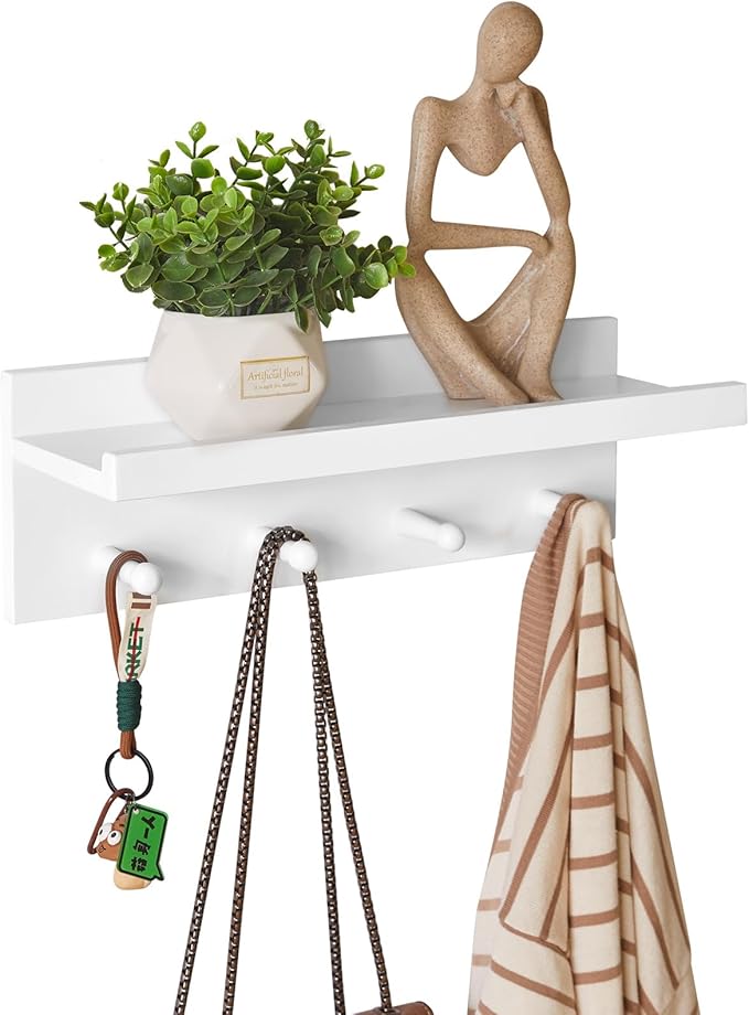 Wood Coat Hook with Wall-Mounted Shelf,15.75in Entryway Wall Hanging Shelf,for Bathroom, Kitchen,Coat Towel Key Organizer White YD-WS0240W-Ruum Studio Home