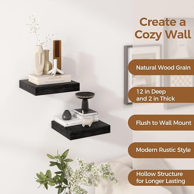 Fun Memories 12 Inch Floating Shelf, Rustic Wood Wall Shelves for Wall Decor & Storage, 12 x 12 Floating Shelf for Living Room, Bathroom, Bedroom, Black, Set of 2-Ruum Studio Home