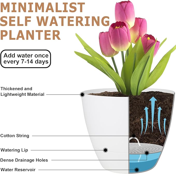 Plant Pots 12/10/9 Inch Self Watering Pots, Set of 3 Plastic Planters with Drainage Holes and Saucers,Plastic Flower Pots,Nursery Planting Pot for Indoor Out Door Plants(Pure White)-Ruum Studio Home