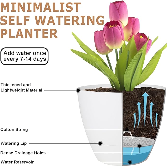 Plant Pots 10/9/8/7.5/7 Inch Self Watering Pots, Set of 5 Plastic Planters with Drainage Holes and Saucers,Plastic Flower Pots,Nursery Planting Pot for Indoor Out Door Plants(Pure White)-Ruum Studio Home