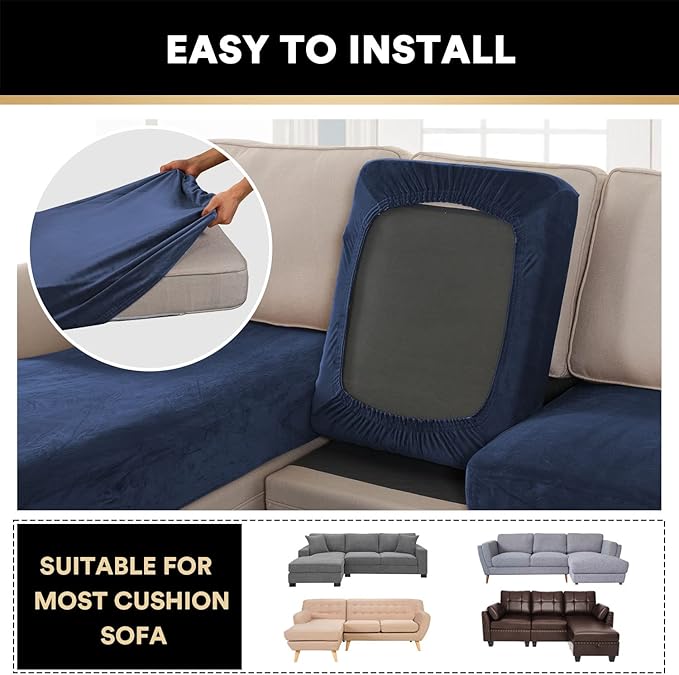 PrinceDeco Sectional Couch Covers 3 Pieces Velvet Sofa Covers L Shape Soft Couch Covers for Sectional Sofa Corner Sofa Cover Couch Cover for Dogs Washable (2 Seater + 1 Chaise,Navy)-Ruum Studio Home