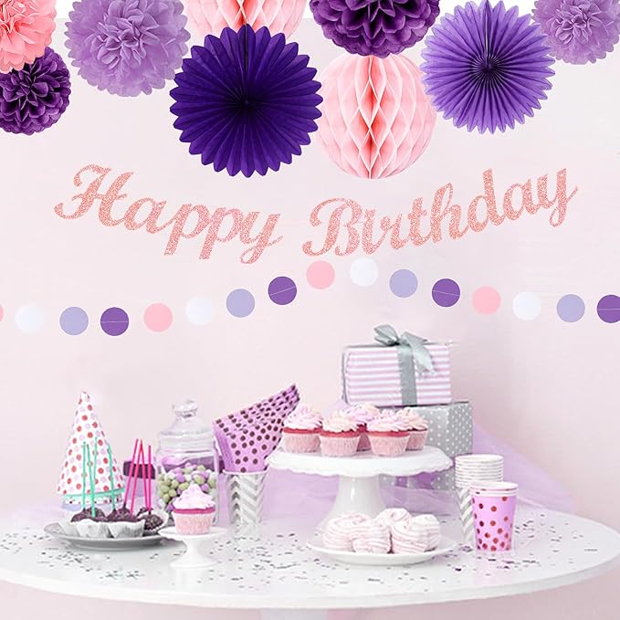 Purple Pink Birthday Party-Decorations Paper-Flowers - 14pcs Happy Banner Lavender Lanterns Tissue Pom Poms,Lilac Streamers Garland Fans Honeycomb,Women Girls Adult Kids Hanging Supplies Decor Hugfond-Ruum Studio Home