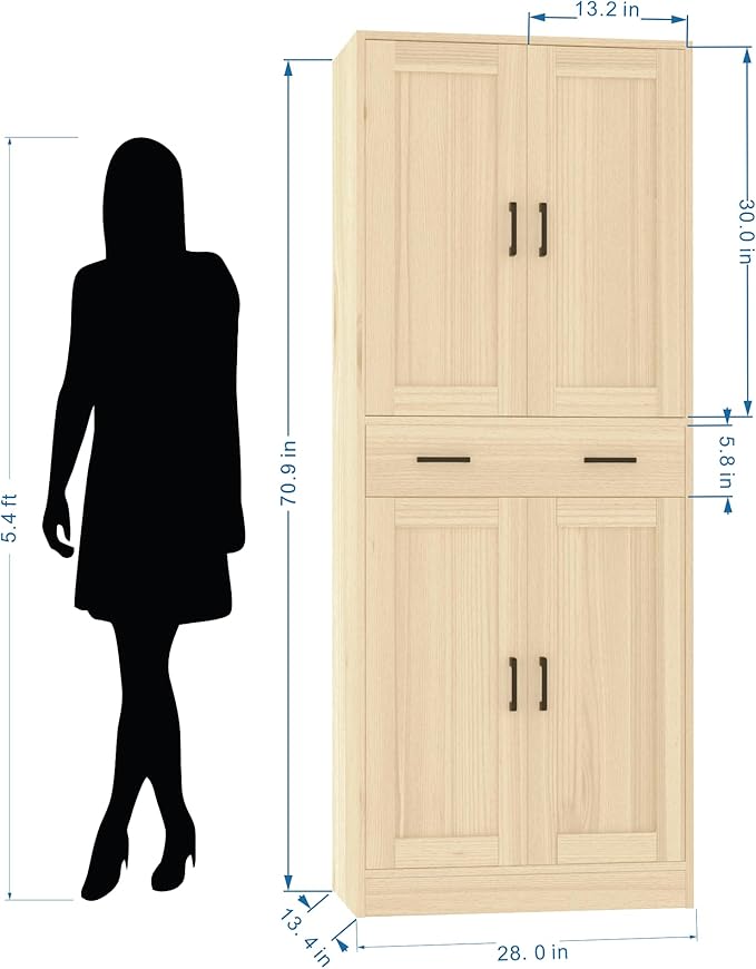 Oak Kitchen Pantry, 71" Tall Storage Cabinet with Doors and Drawer for Kitchen, Hallway, Office-Ruum Studio Home