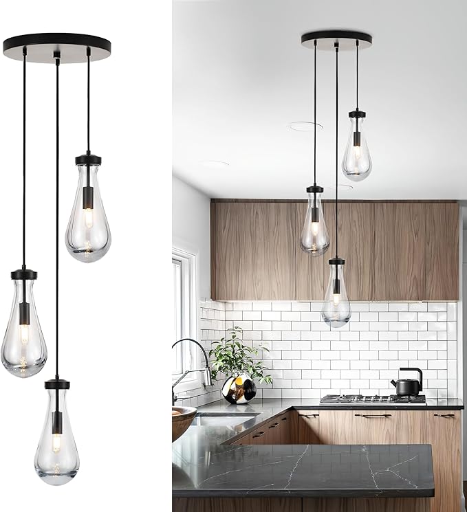 3-Light Raindrop Pendant Light Fixtures, Black Glass Pendant Lighting, Teardrops Modern Hanging Light for Entryway Foyer Kitchen Island Dining Living Room Hallway-Ruum Studio Home