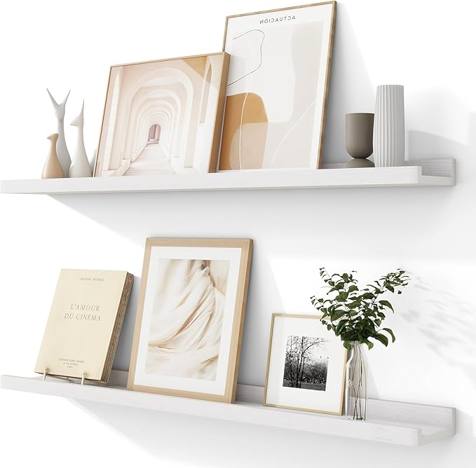 Solid Ash Wood Picture Ledge Shelf, 36 Inch Floating Shelves with Lip Set of 2, Photo Ledge Shelf Nursery Bookshelf Wall Mounted for Living Room Bedroom Decor, White-Ruum Studio Home