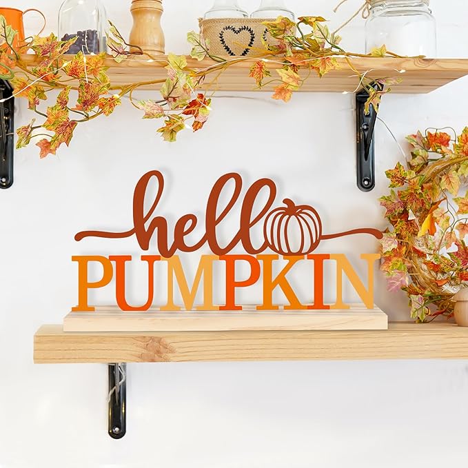 COCHIE Metal Hello Pumpkin Sign, Orange Fall Decorations for Home, Office, Shelf, Mantel, Indoor, Autumn Pumpkin Decoration, Hello Fall Decor (Autumn A)-Ruum Studio Home