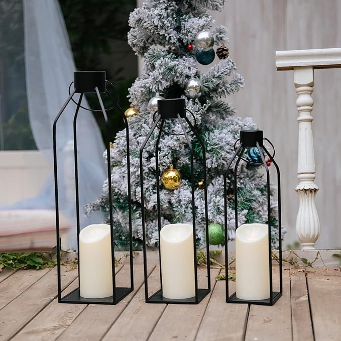 HPC Decor 22'' 19'' 16'' Lanterns Decorative w/Flickering Timer Candles- Tall Large Black Metal Candle Lanterns Set of 3- Modern Farmhouse Decor for Indoor,Outdoor,Tabletop,Porch (No Glass)-Ruum Studio Home