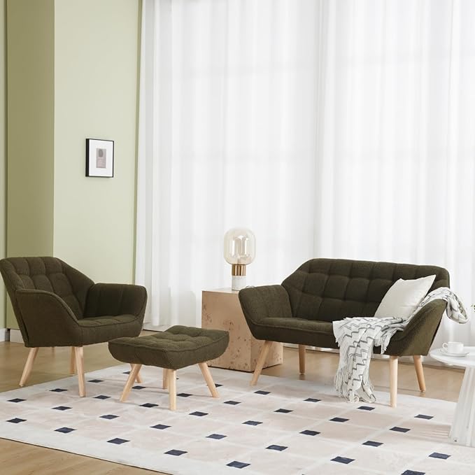 48”Small Loveseat Sofa, Modern Sherpa Upholstered Mini Couch 2-Seater Fluffy Love Seat with Quilting Backs and Wood Legs for Small Space, Living Room, Bedroom, Green-Ruum Studio Home
