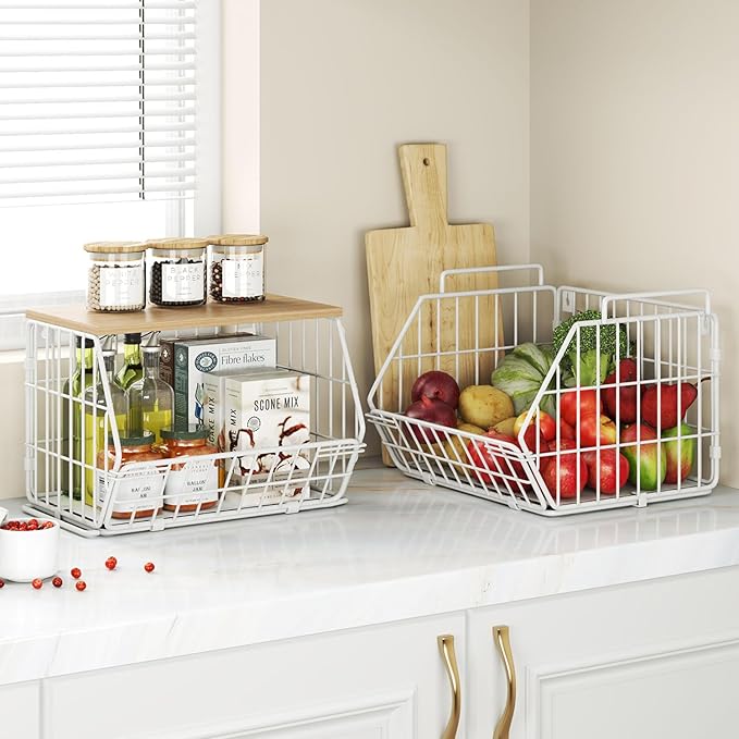 Wetheny 2 Tier Stackable Wall Mounted Wire Basket Fruit Basket with Wood Lid - Kitchen Pantry Organization and Storage, Hanging Storage Basket for fruits, Onion, Potato, Produce, Vegetable (White)-Ruum Studio Home