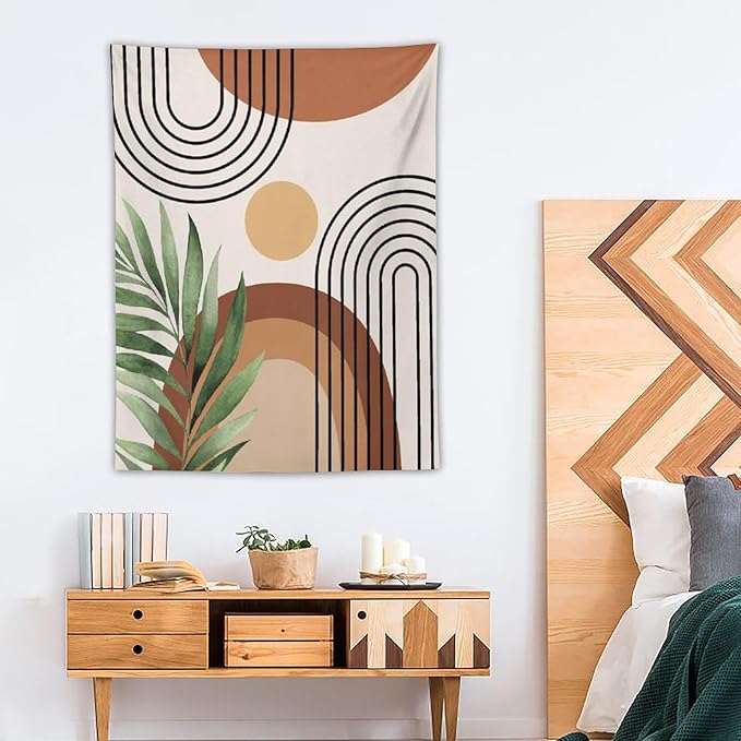 Abstract Bohemian Mid Century Tapestry, Tropical Leaves Modern Geometric Archway Minimalist Bohemian Botanical Aesthetic Wall Hanging, Sage Green Gold Home Decor Art for Bedroom 50x60 Inch-Ruum Studio Home